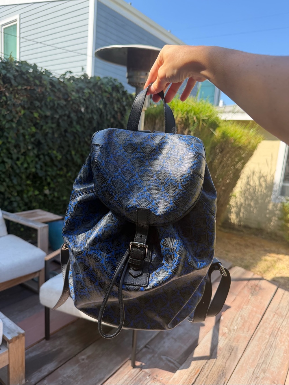 Liberty of London Black & Blue ‘Iphis’ coated canvas and leather backpack